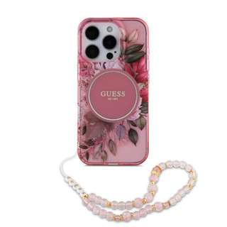 Imagen de GUESS IPHONE 16 PRO MAGSAGE CASE FLOWERS WITH BEADS STRAP PINK 8876